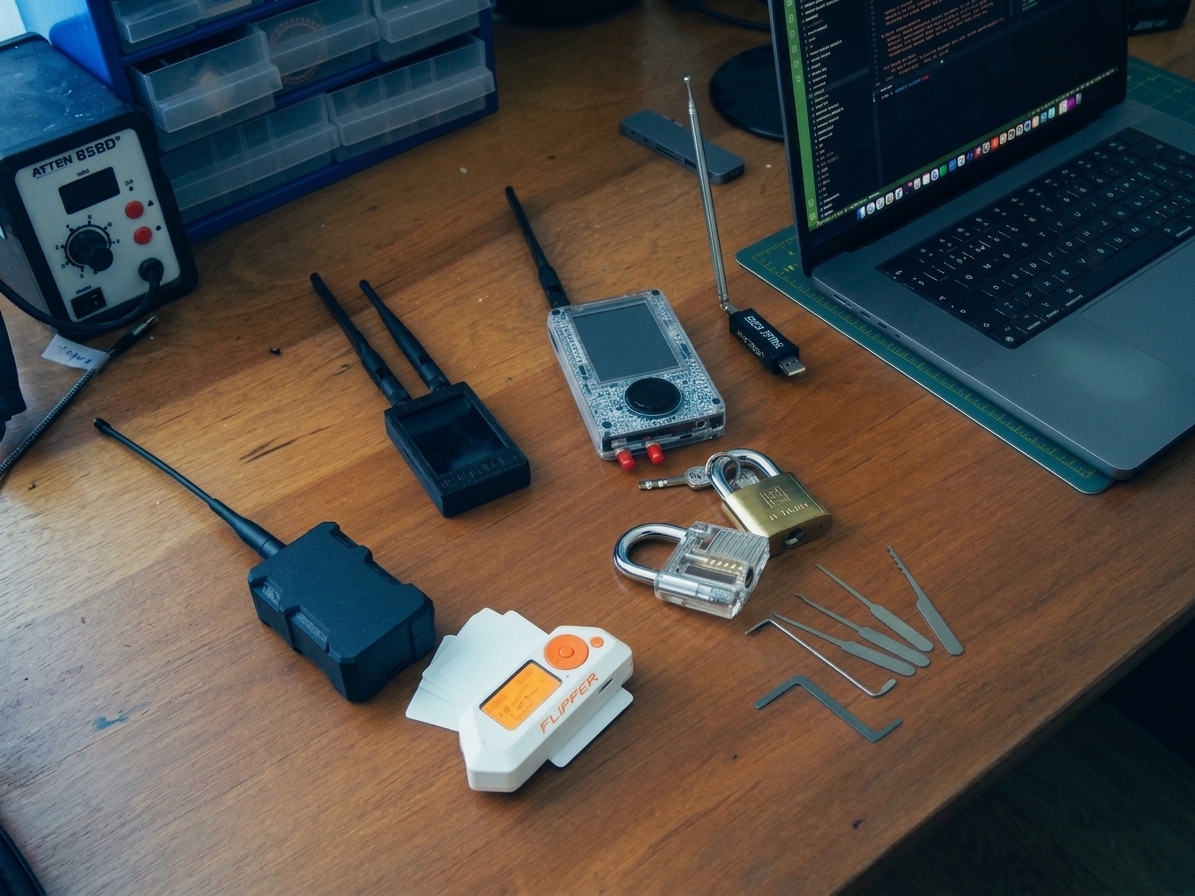 The kit for what's coming: an RTL-SDR dongle and RC car remote, a Flipper Zero, a padlock and practice lock with a pick set, an access card cloner, and the laptop it all runs through.